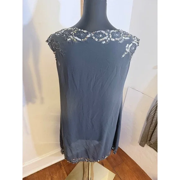 Twenty One Grey Beaded Sequin Shift Dress Sheer Overlay Cap Sleeve Small - Picture 4 of 8